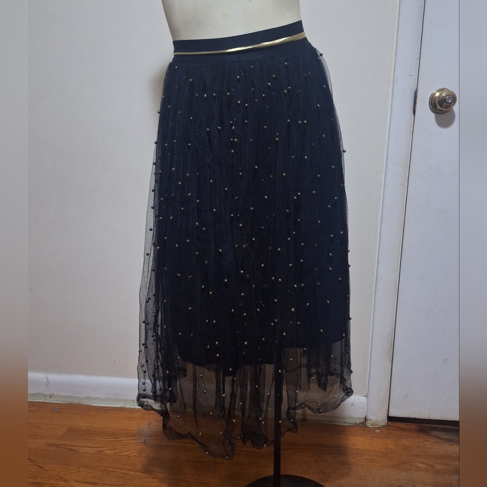 Black Tulle with Gold/Bronze Embellished A-Line Midi Skirt Size S